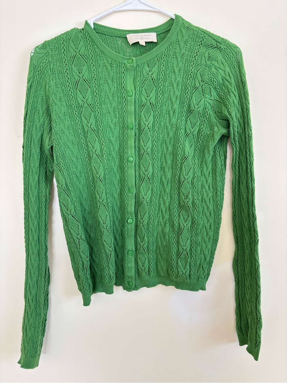 Sezane Bright Green Cable Knit Button Cardigan